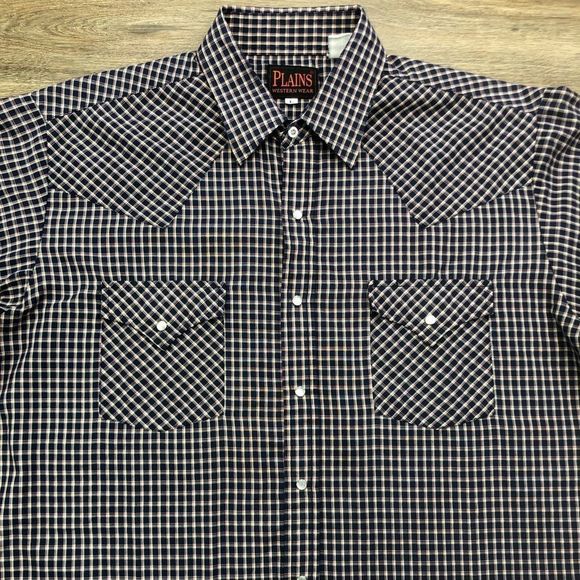 Plains 90s Vintage Western Plaid Short Sleeve Snap Shirt sz L - Picture 3 of 9